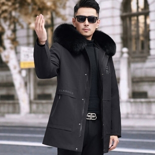 2025派克服男冬新款外套皮毛一体保暖黑貂兔内胆厚中长款男装大衣