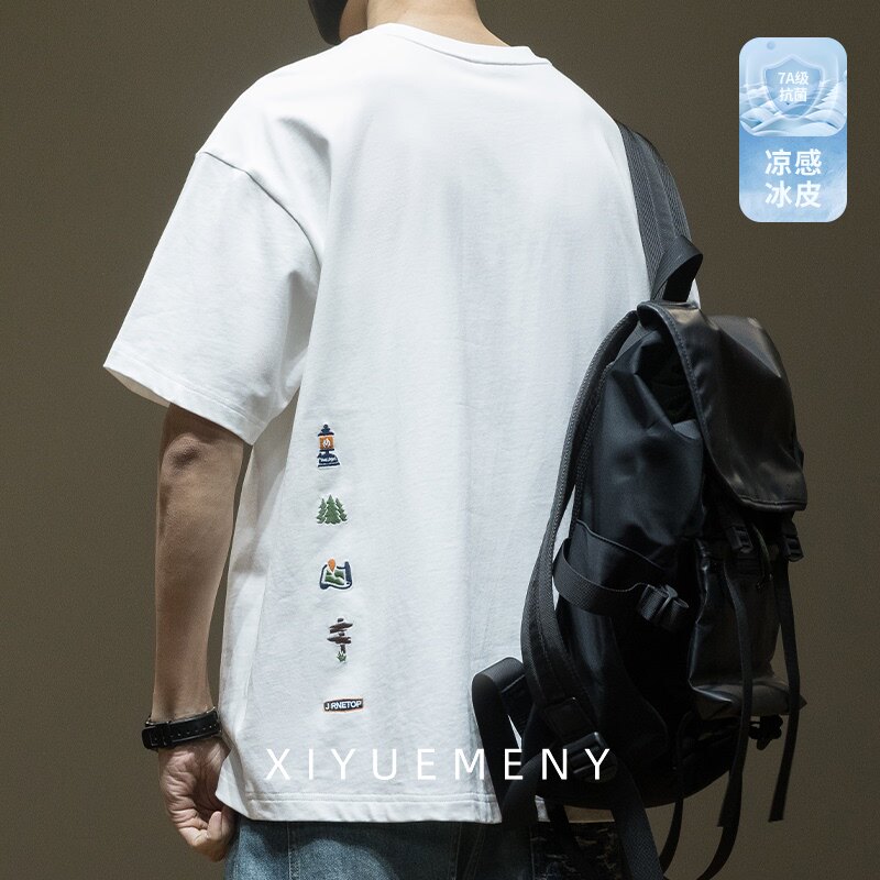 32支三本针精梳纯棉t恤短袖男刺绣2026夏季新款男士宽松大码半袖