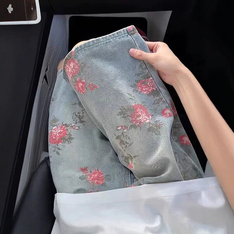 夏日五分牛仔短裤男女宽松直筒复古设计感裤子花卉满印阔腿中裤潮