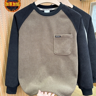 美式冬季重磅菠萝格美式复古撞色拼接套头衫加绒加厚圆领卫衣男潮