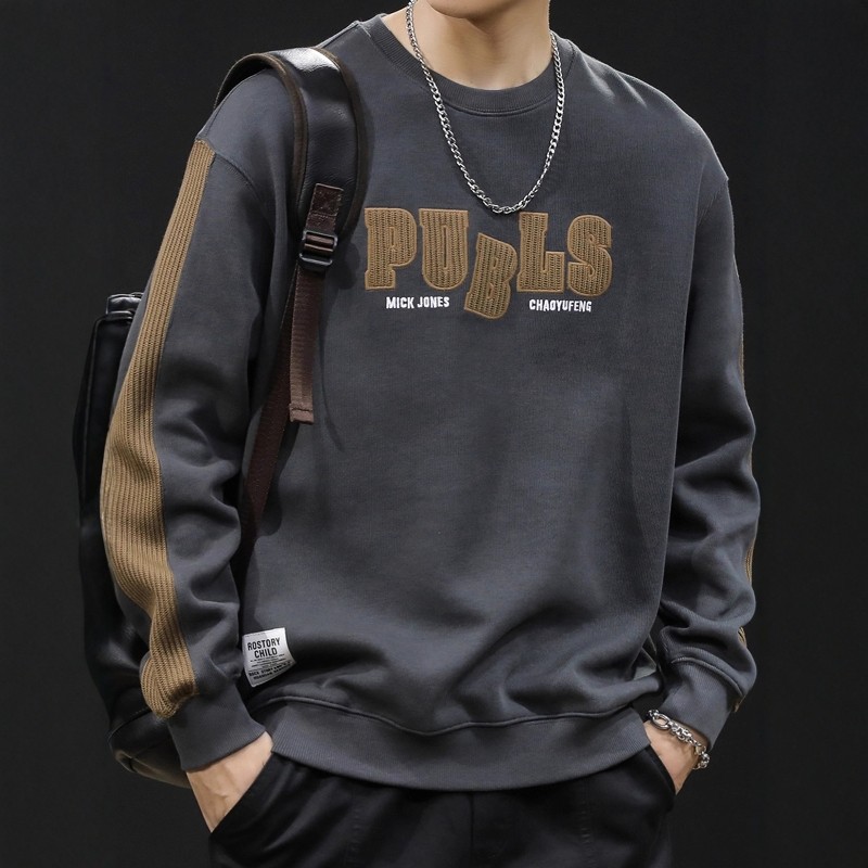 重磅潮牌美式卫衣男春秋款圆领衣服秋季2025新款大码男款毛织拼接