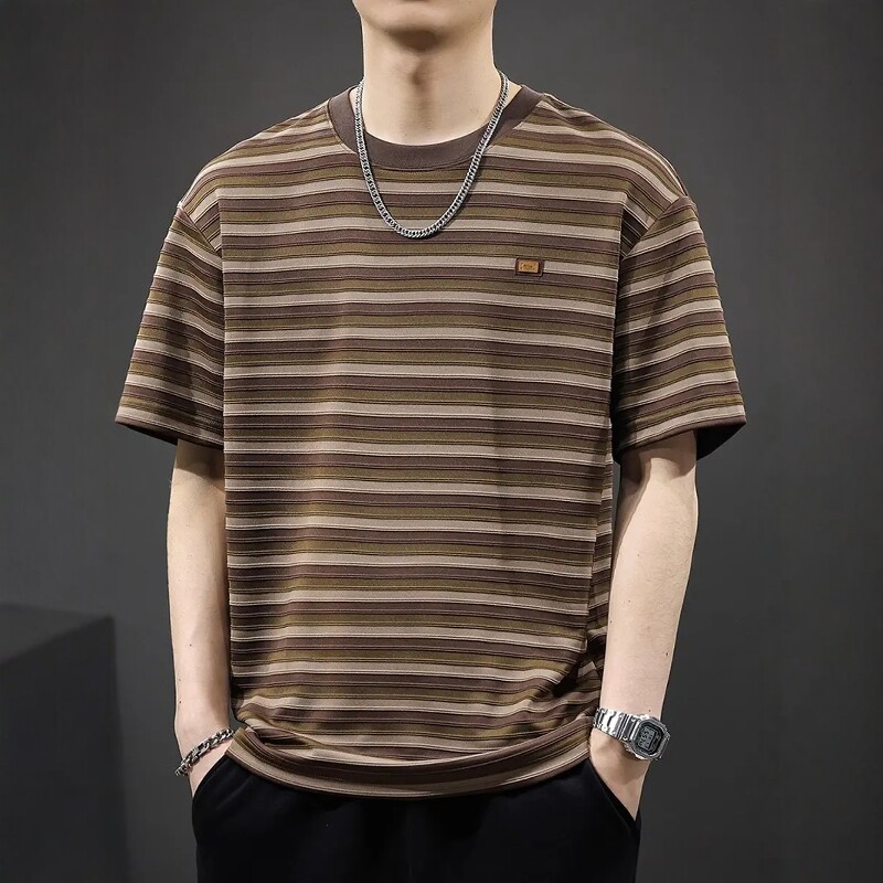 夏季薄款短袖T恤男2026新款港风条纹百搭宽松大码重磅半袖体恤潮
