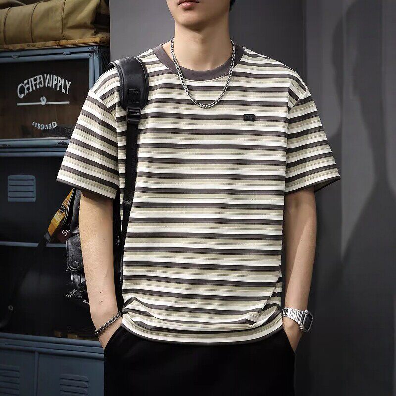 条纹拼色潮牌短袖t恤纯棉大码夏季2026新款高端衣服美式复古体恤