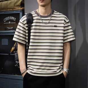条纹拼色潮牌短袖t恤纯棉大码夏季2026新款高端衣服美式复古体恤