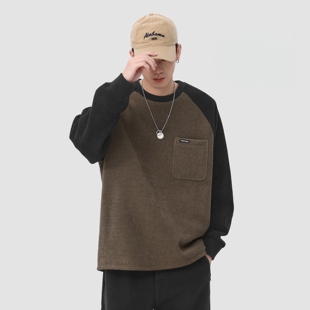 美式冬季重磅菠萝格美式复古撞色拼接套头衫加绒加厚圆领卫衣男潮