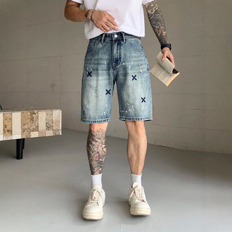 泼墨破洞复古牛仔短裤男2026夏季