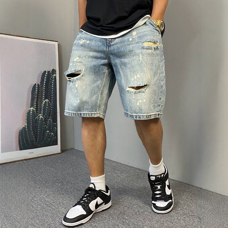 夏季美式休闲痞帅水洗复古做旧破洞牛仔短裤男宽松百搭五分裤子潮