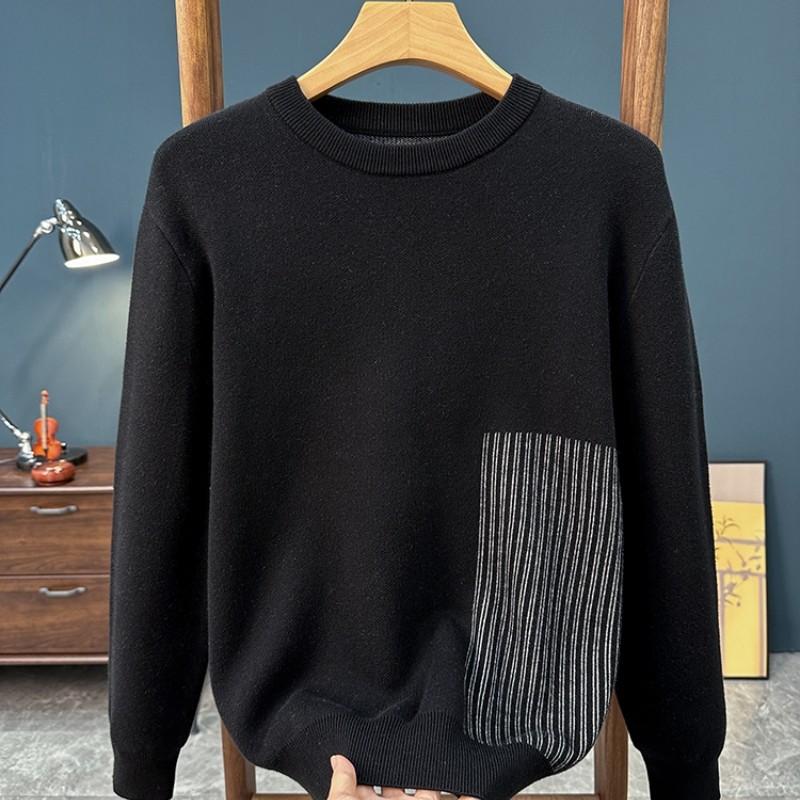 青少年高级感黑色提花圆领毛衣男士2025秋冬季新款潮流毛衫针织衫