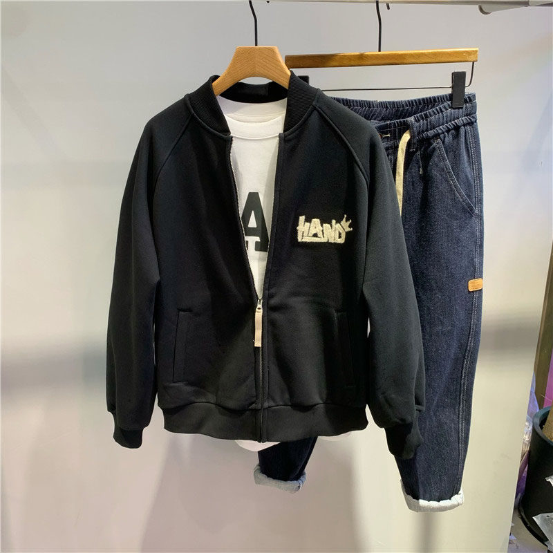 冬季男士加绒立领宽松外套潮流时尚简约字母刺绣百搭开衫款夹克潮