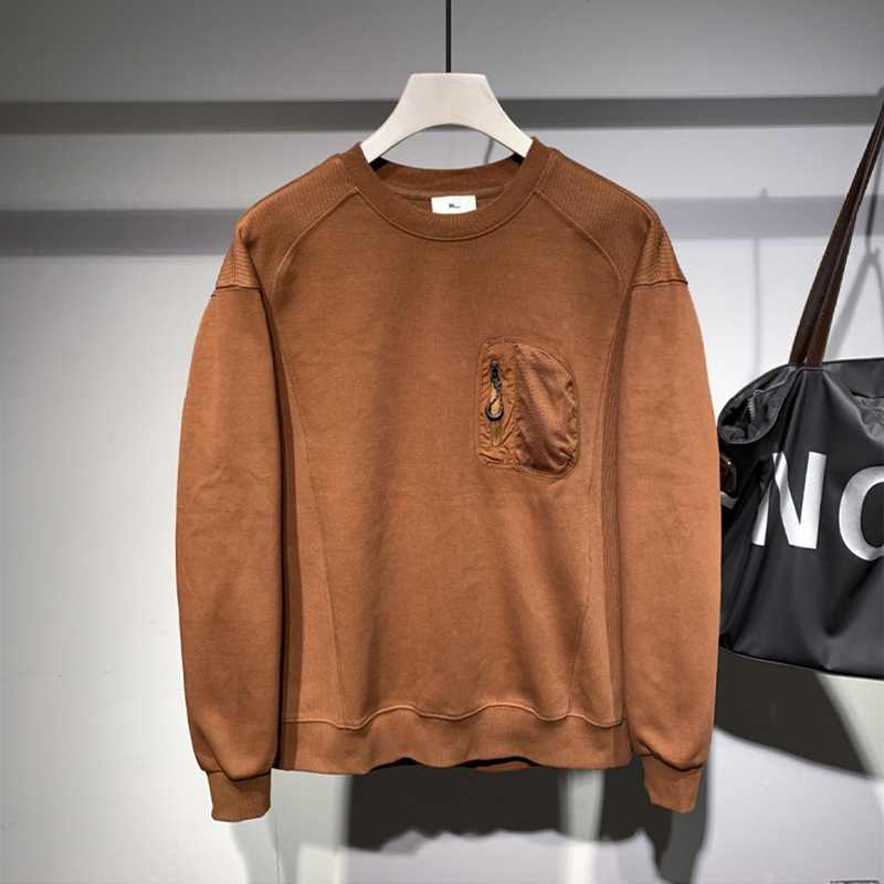 2023秋冬新品拼色拉链口袋卫衣男款宽松插肩袖休闲打底衫套头上衣