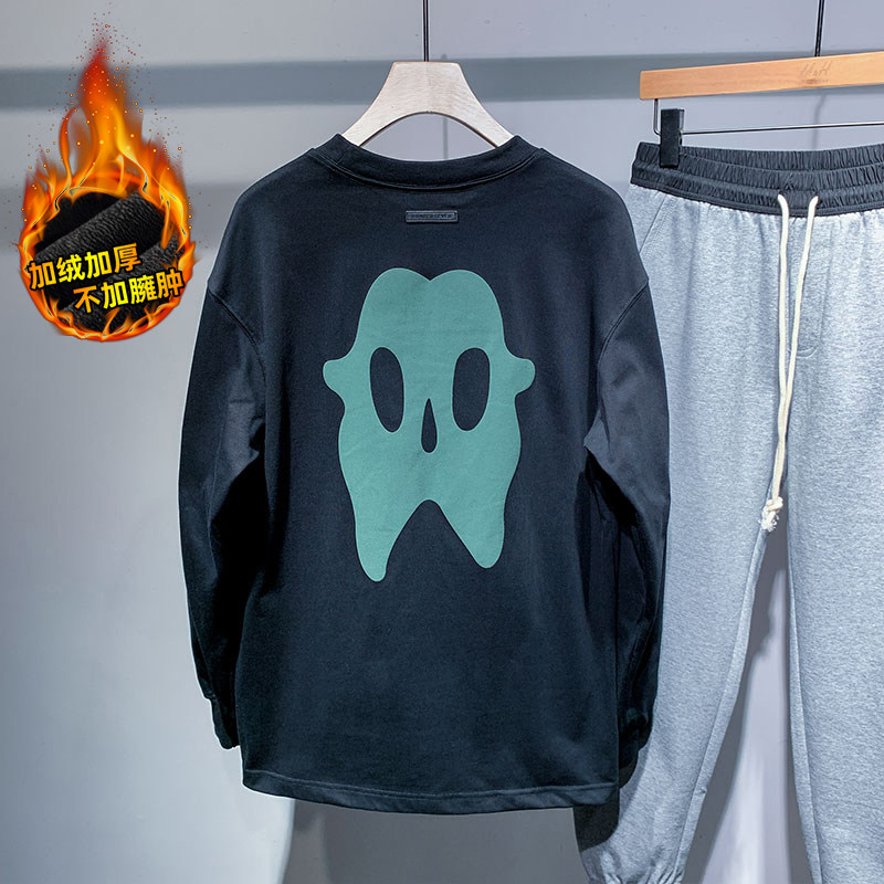 TELINLU时尚简约后背怪兽印花秋冬季套头卫衣男宽松纯棉内搭上衣