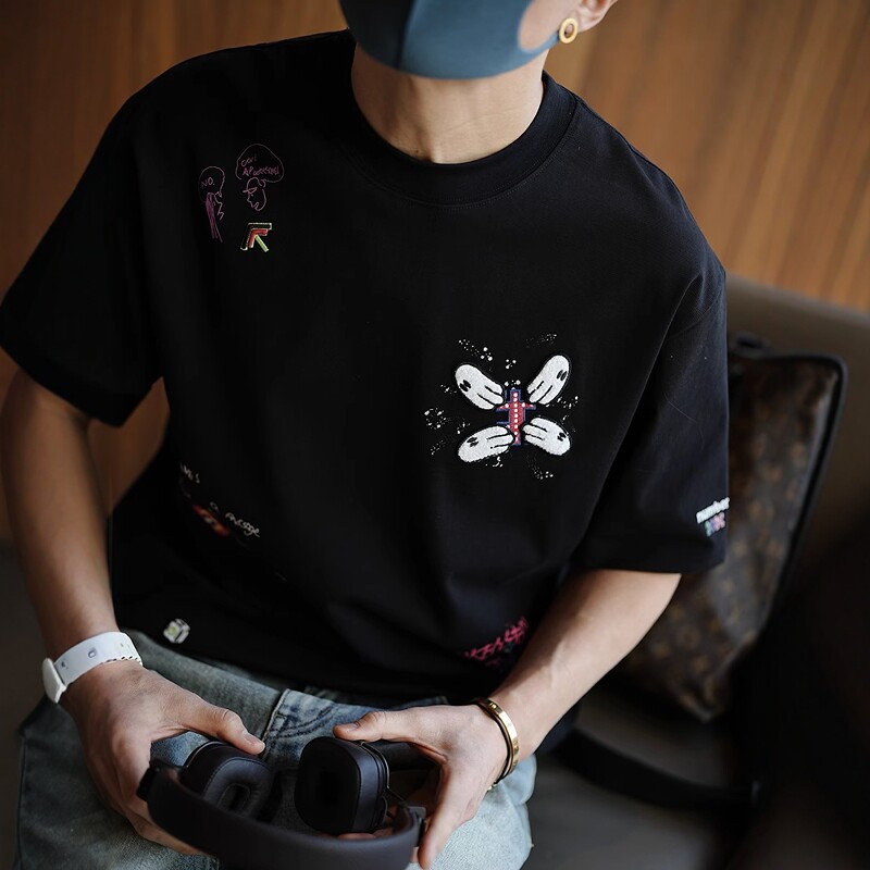 原创设计宽松刺绣潮流印花短袖T恤半袖男纯棉潮牌ins夏季圆领上衣