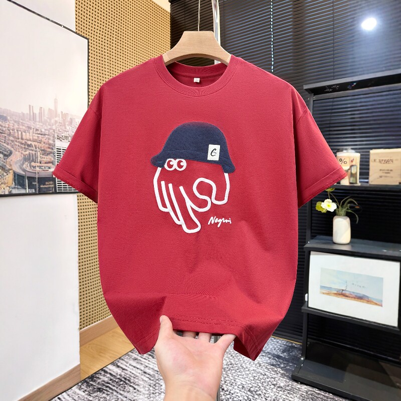 美式潮牌短袖t恤男红色2026夏季新款宽松大码男士半袖体恤衫夏装