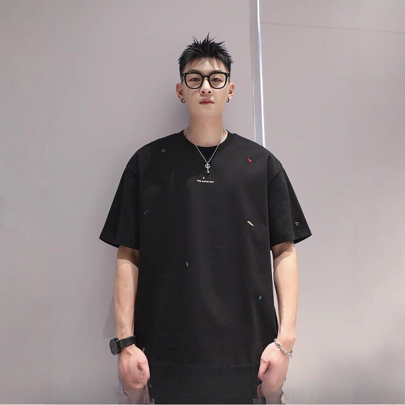 字母刺绣重磅短袖T恤男2026新款夏季圆领休闲宽松简约五分袖上衣