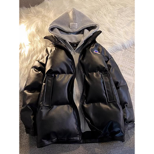 假两件美式棉服男士冬季宽松PU皮衣加厚连帽棉袄高街潮牌棉衣外套