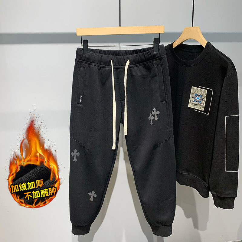 2025冬季潮牌个性印花运动卫裤宽松束脚裤抽绳哈伦休闲裤加绒男士