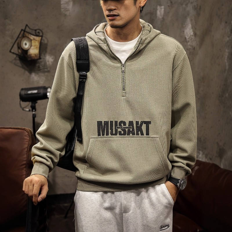 高端美式潮流重磅350g连帽卫衣男秋季新款宽松半拉链印花休闲上衣