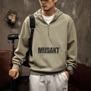 高端美式潮流重磅350g连帽卫衣男秋季新款宽松半拉链印花休闲上衣