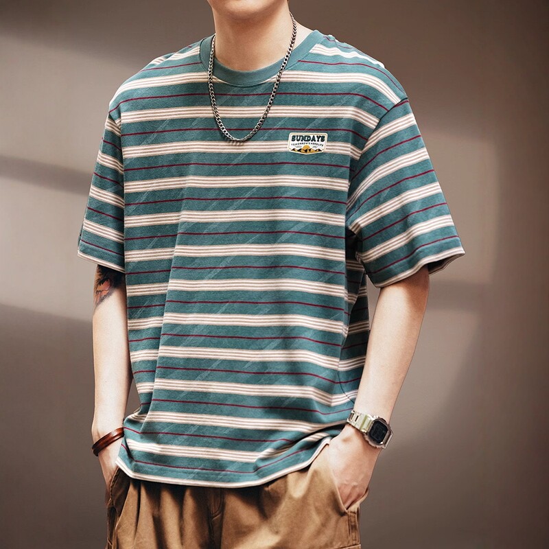 高端美式重磅条纹纯棉T恤男夏季新款潮牌宽松圆领休闲短袖体恤男