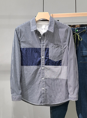 灰色条纹长袖衬衫男秋款百搭港风日系撞色拼接潮流休闲宽松衬衣