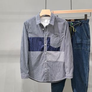 百搭港风日系撞色拼接潮流休闲宽松衬衣 男秋款 灰色条纹长袖 衬衫