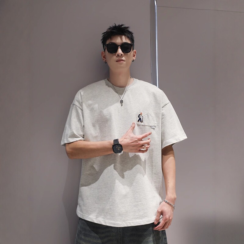 登山刺绣重磅纯棉夏季短袖T恤男款宽松简约圆领美式体恤潮流5分袖