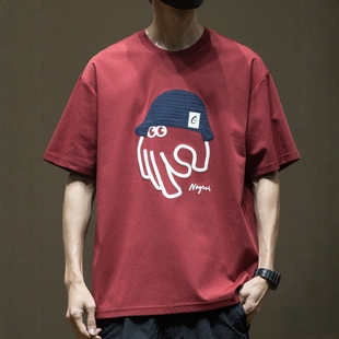 32支三本针精梳纯棉t恤短袖 新款 宽松潮牌体恤衫 夏 男红色2026夏季