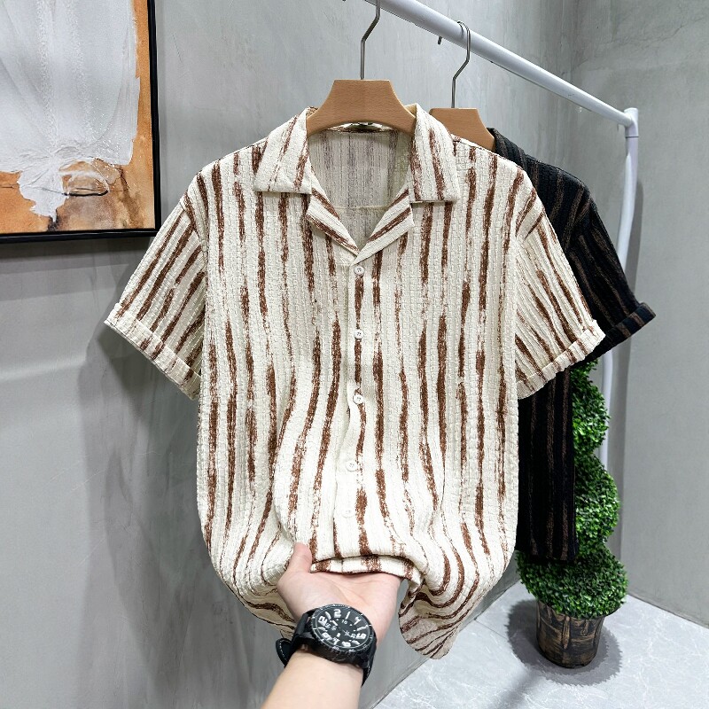 美式复古度假风撞色纹理翻领短袖
