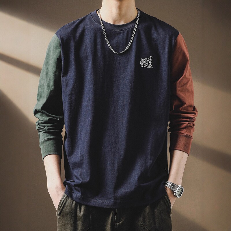 高端个性拼色纯棉男士长袖T恤2025秋季新款潮牌体恤宽松休闲上衣