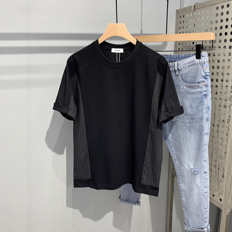2026夏季新款男士t恤潮牌休闲短袖宽松韩版潮流圆领条纹拼接体恤
