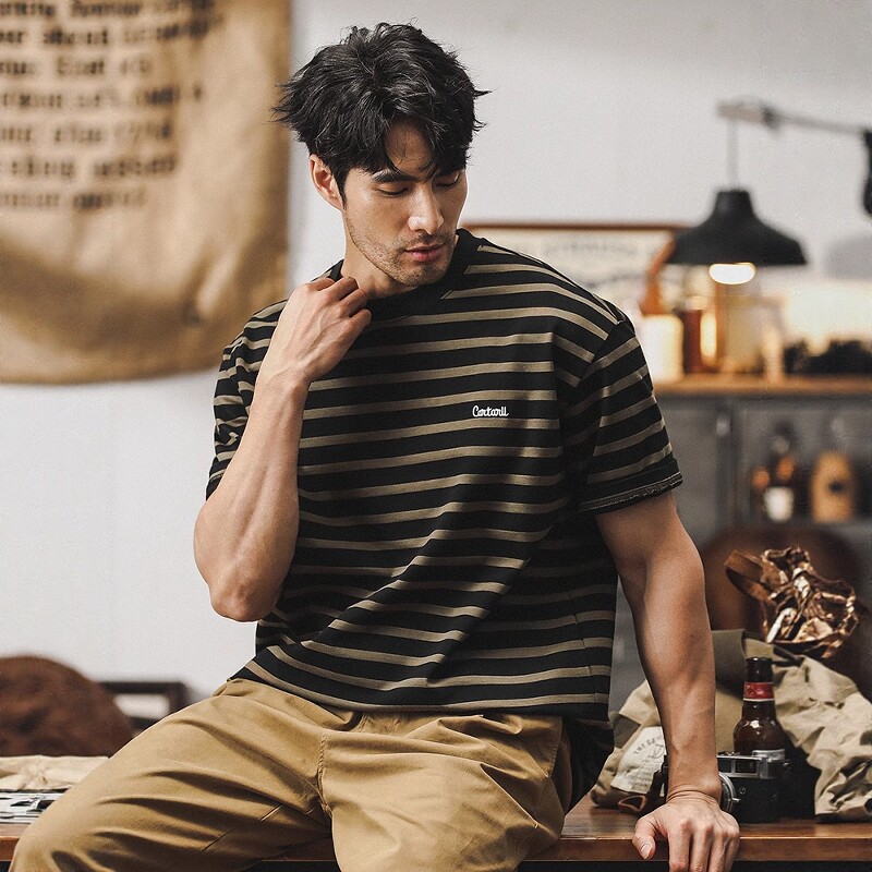 230g重磅条纹t恤美式潮牌宽松短袖男夏季2026新款上衣纯棉半袖男