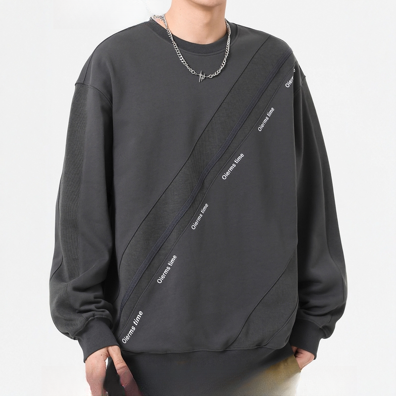 美式复古圆领拼接卫衣男士春秋季新款潮牌重磅宽松大码青少年外套