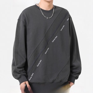 美式复古圆领拼接卫衣男士春秋季新款潮牌重磅宽松大码青少年外套