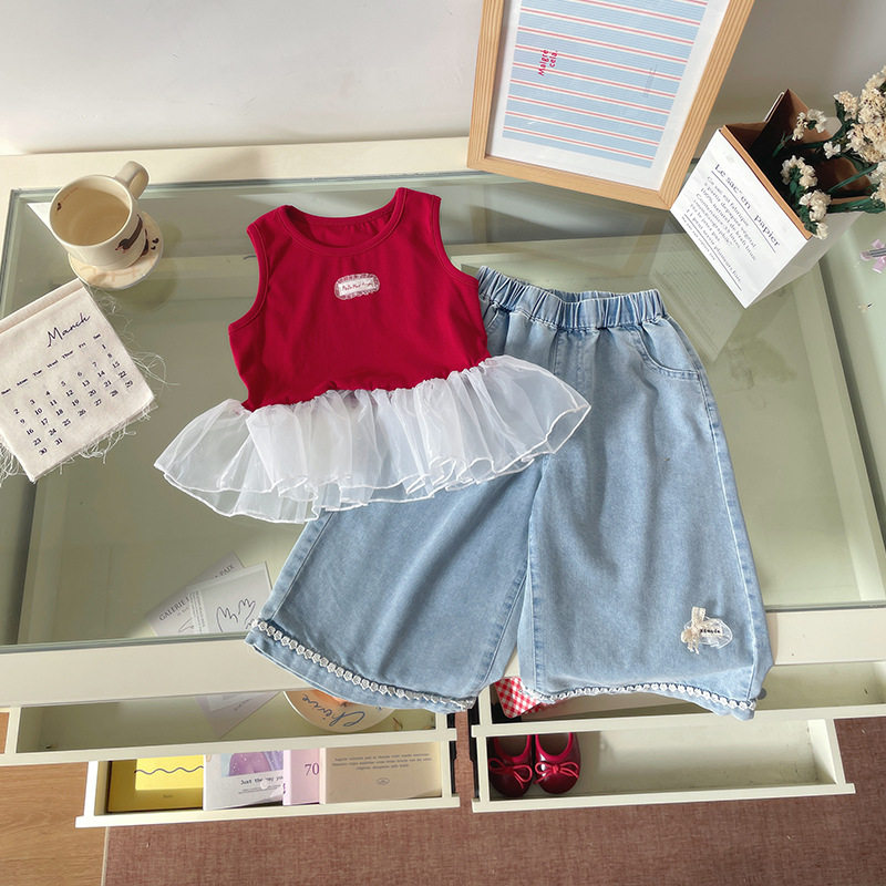 女童夏季套装背心裙无袖裙子T恤直筒牛仔裤两件套
