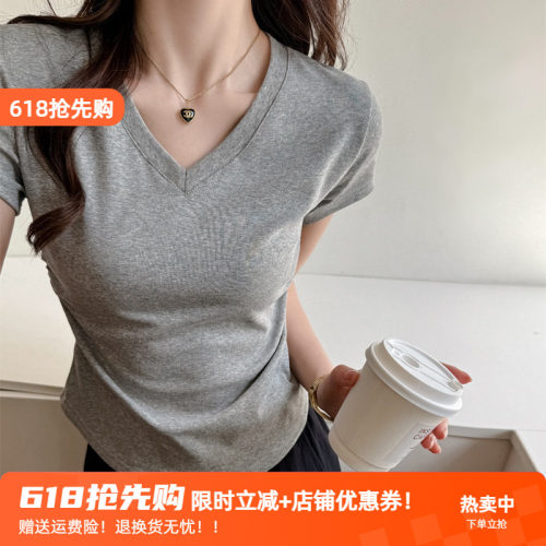 蟹老板耶 韩系V领褶皱收腰显瘦正肩短袖t恤夏季设计感小飞袖打底