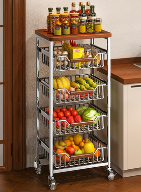 厨房蔬菜置物架中古风抽拉式落地多层果蔬水果菜篮子可移动收纳筐