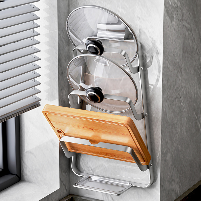 大锅盖放置器厨房304不锈钢免打孔壁挂式放菜板砧板收纳置物架子