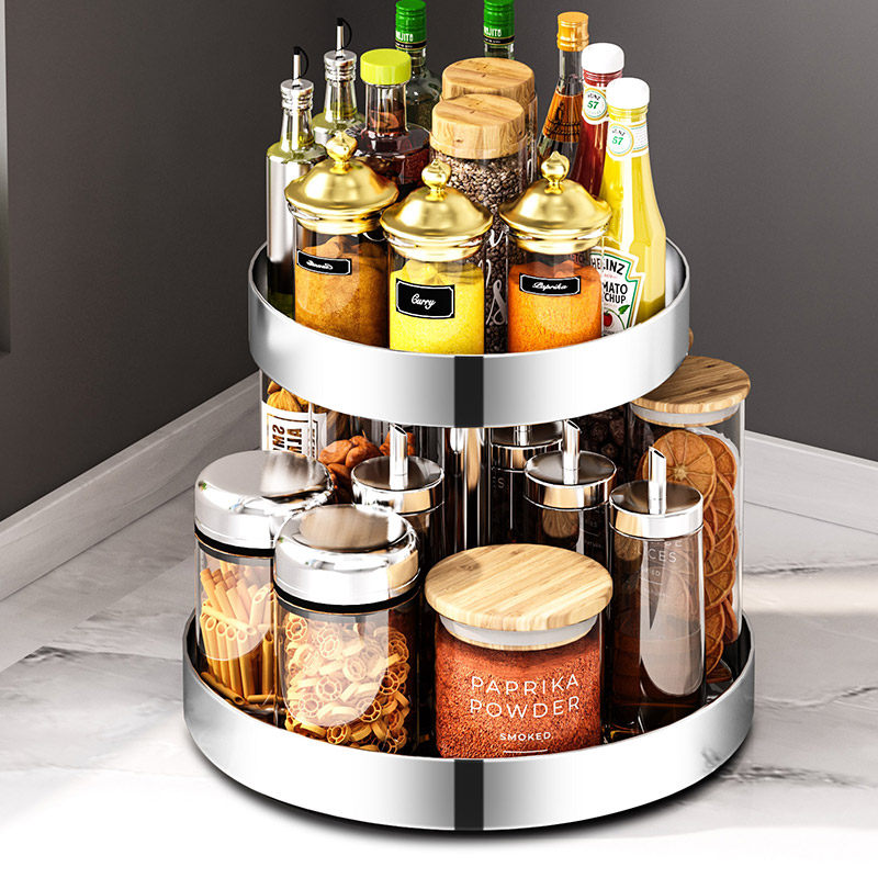 不锈钢可旋转调料置物架双层厨房台面360度调味品酱油瓶罐调收纳