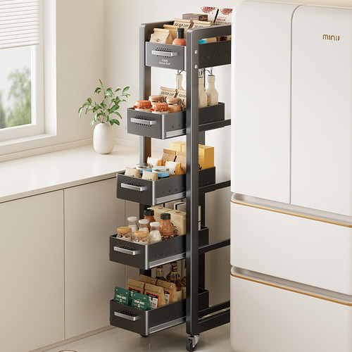 厨房夹缝抽拉置物架不锈钢落地多层超窄蔬菜篮家用免安装收纳架子