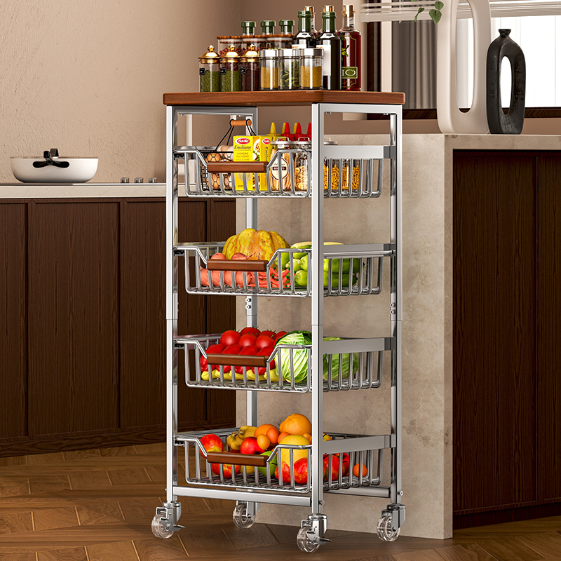 厨房蔬菜置物架中古风抽拉式落地多层果蔬水果菜篮子可移动收纳筐