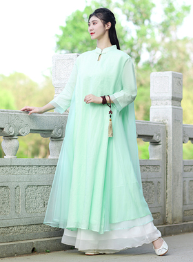 禅意女装中国风改良苎麻禅舞服宽松大码中式立领盘扣水滴领连衣裙