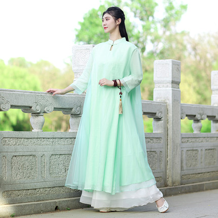禅意女装中国风改良苎麻禅舞服宽松大码中式立领盘扣水滴领连衣裙