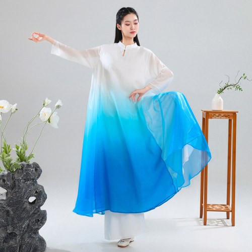 禅舞服苎麻女装渐变色高端仙女风练功服禅意大码新中式立领连衣裙