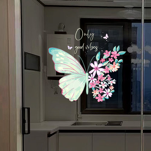 唯美蝴蝶厨房防撞玻璃贴纸小心玻璃浴室防水静电玻璃贴膜双面同色