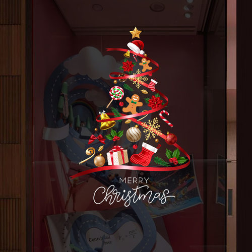 圣诞树礼物橱窗静电贴纸双面同色