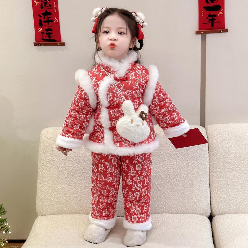 女童东北大花棉袄套装冬季2025新款儿童民族风宝宝加绒两件套唐装