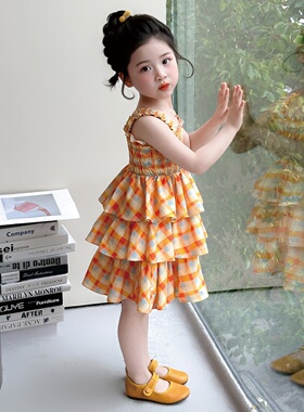 女童夏季橙色格子吊带蛋糕裙儿童甜美可爱洋气小公主连衣裙中长裙