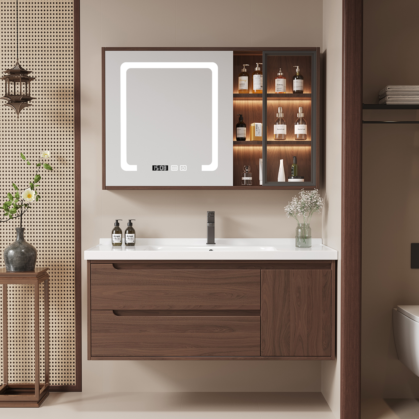 卫生间新中式胡桃木智能浴室柜盆