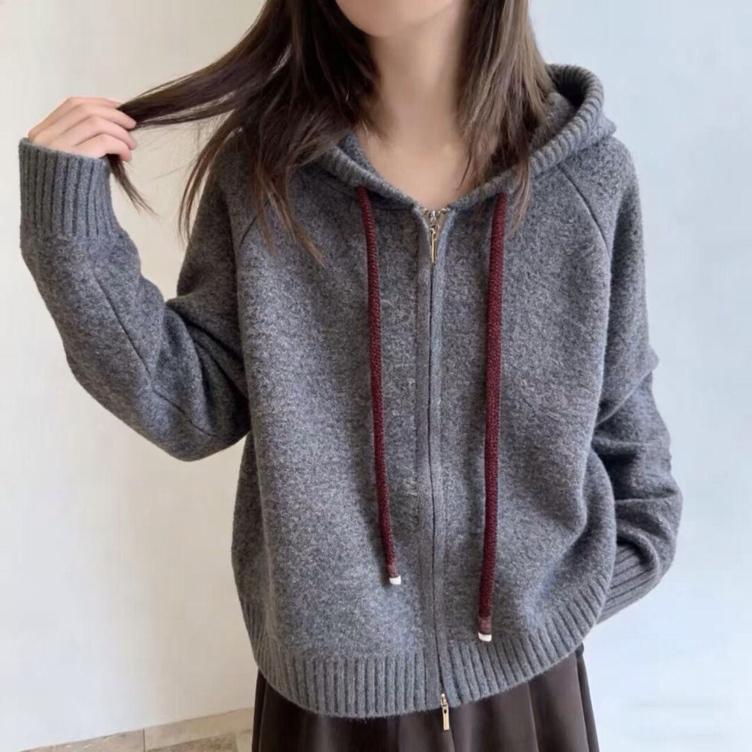 连帽抽绳毛衣外套女针织拉链开衫