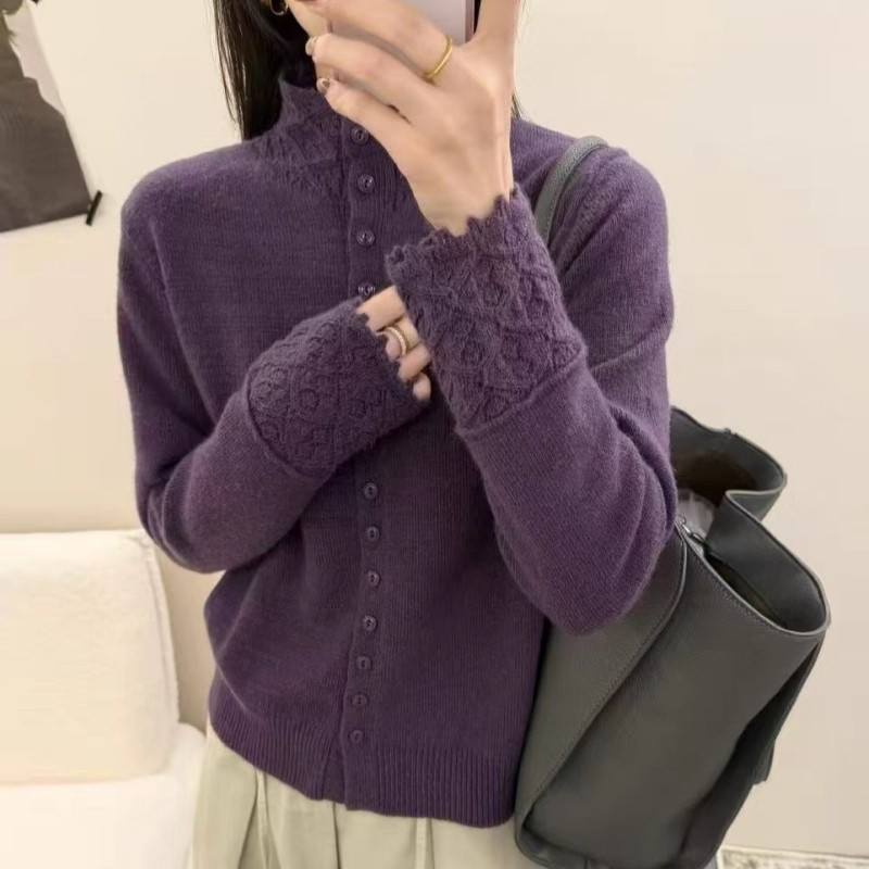 镂空钩花冬季女时尚立领单排扣开衫毛衣上衣针织衫纯色外套软糯潮